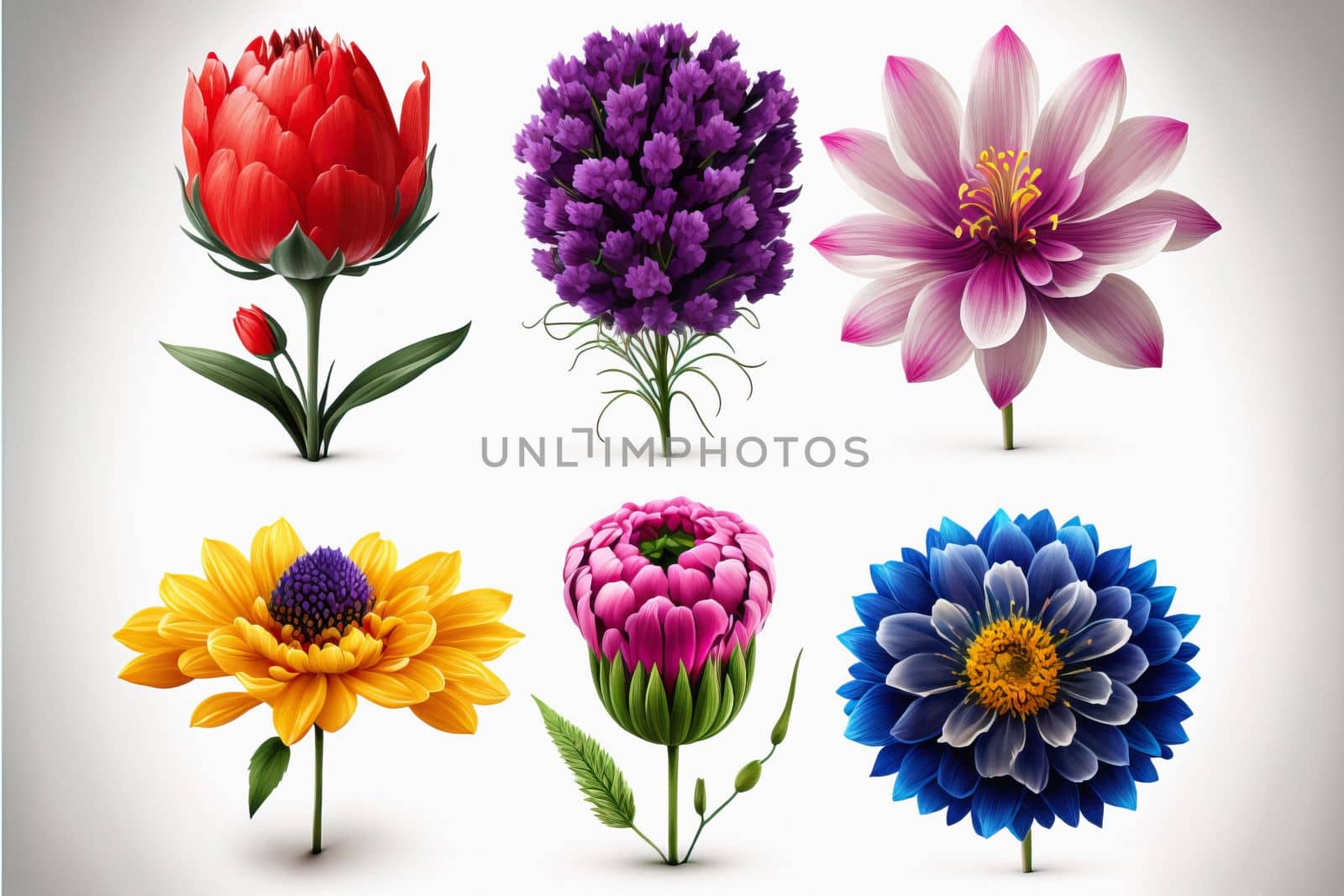 Flowers and leaves colorful set of isolated elements illustration. Peony, magnolia, poppy floral elements with vintage exotic leafs leaves.White color background. Suitable for texture. download image
