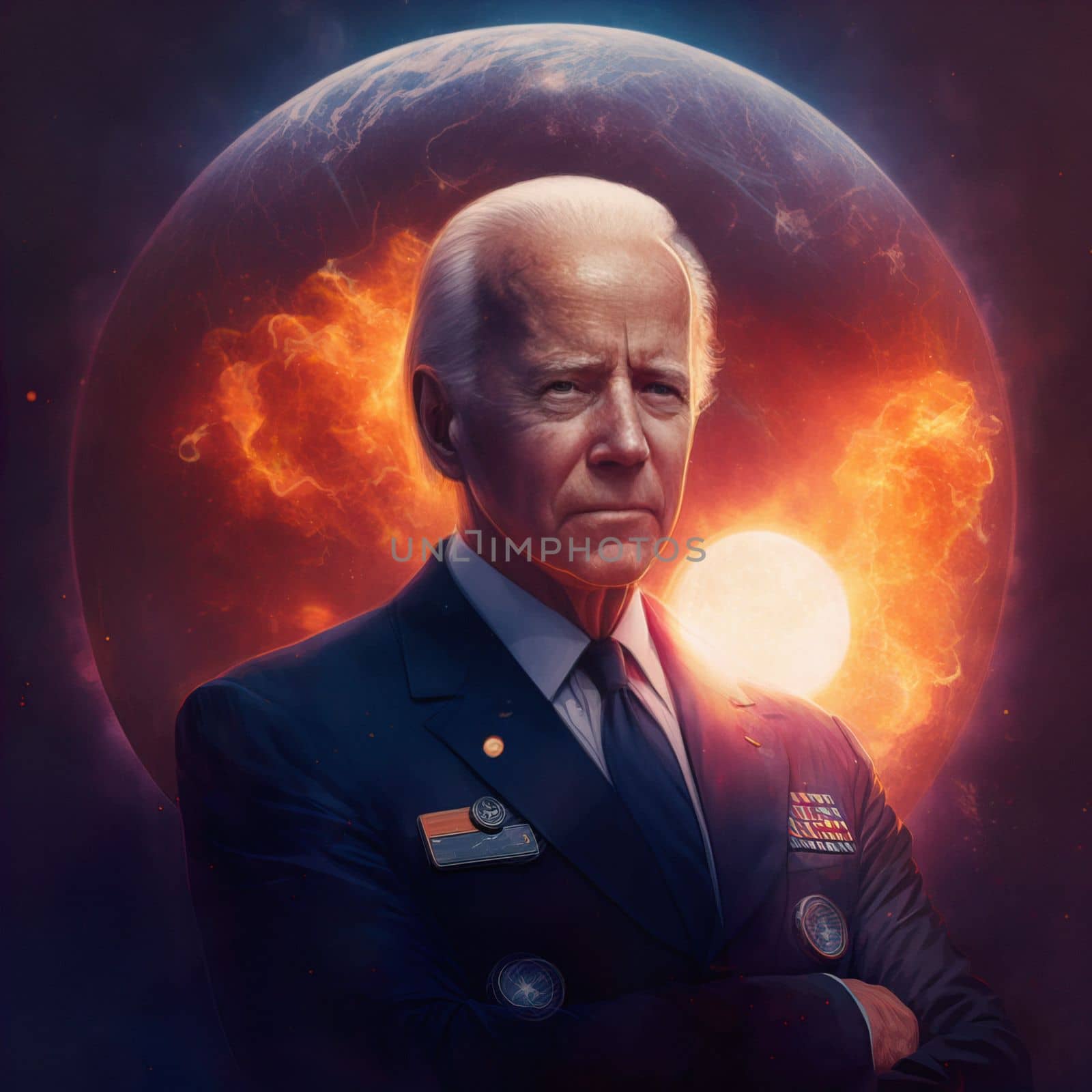 illustration of Joseph Robinette Biden, Jr., US President in military form on planet background by igor010