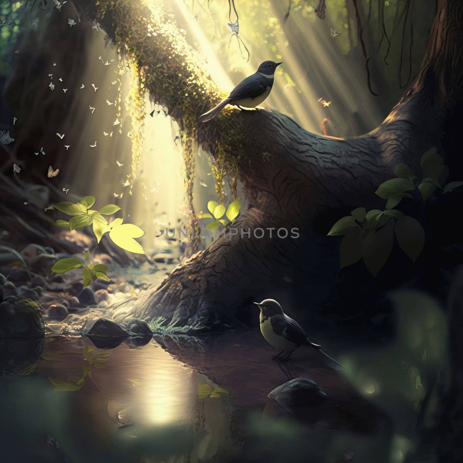 Illustration of fantasy forest with birds and flying butterfly under river. Photo manipulation. 3d rendering. download image