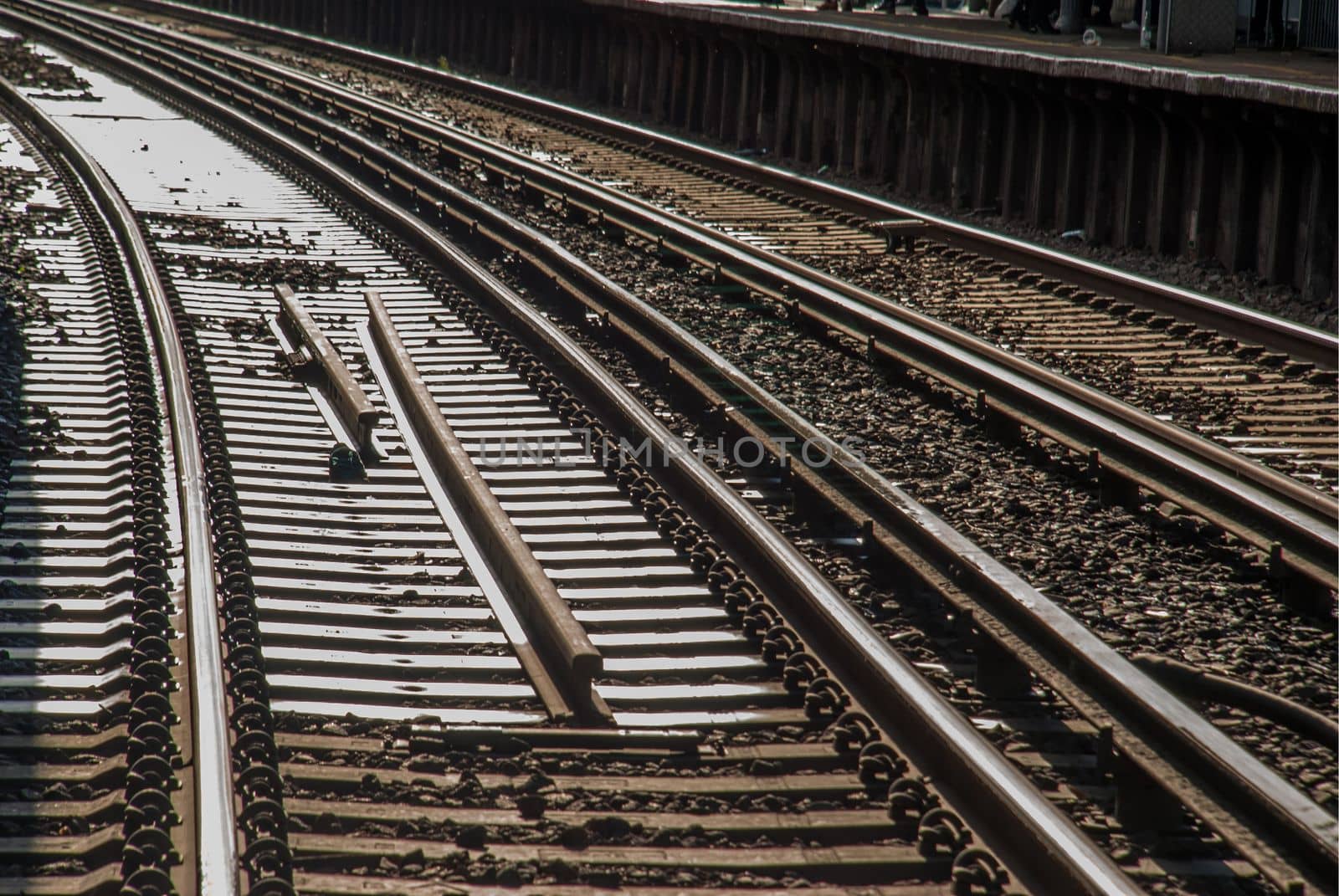Railroad crossing and evening train in the richmond, London