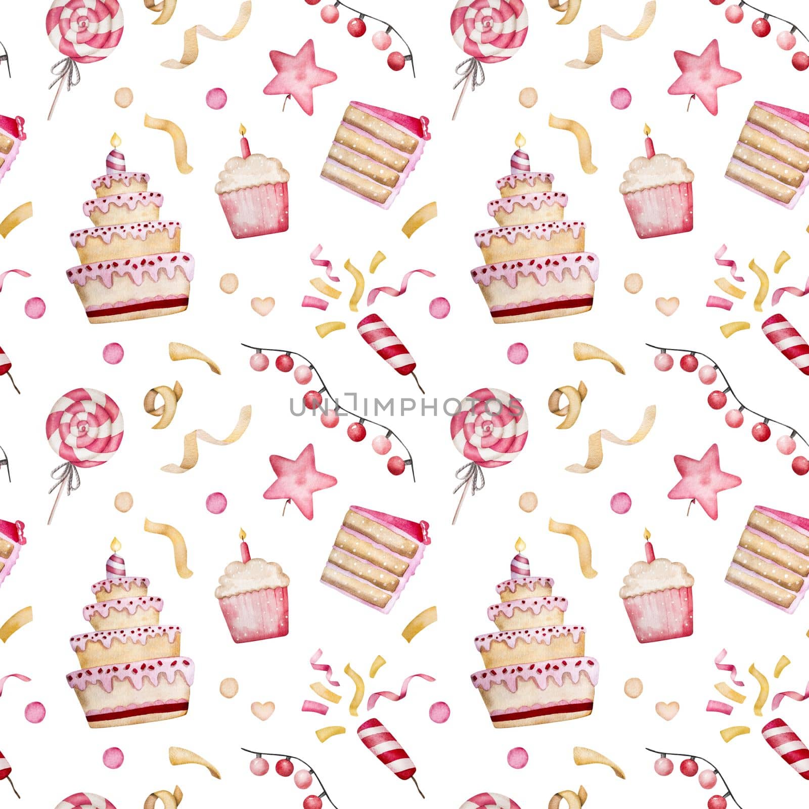 Happy Birthday cupcake and cake for baby girl with lolipop and candle watercolor seamless pattern. Pink muffin desert for family celebration aquarelle paintings set