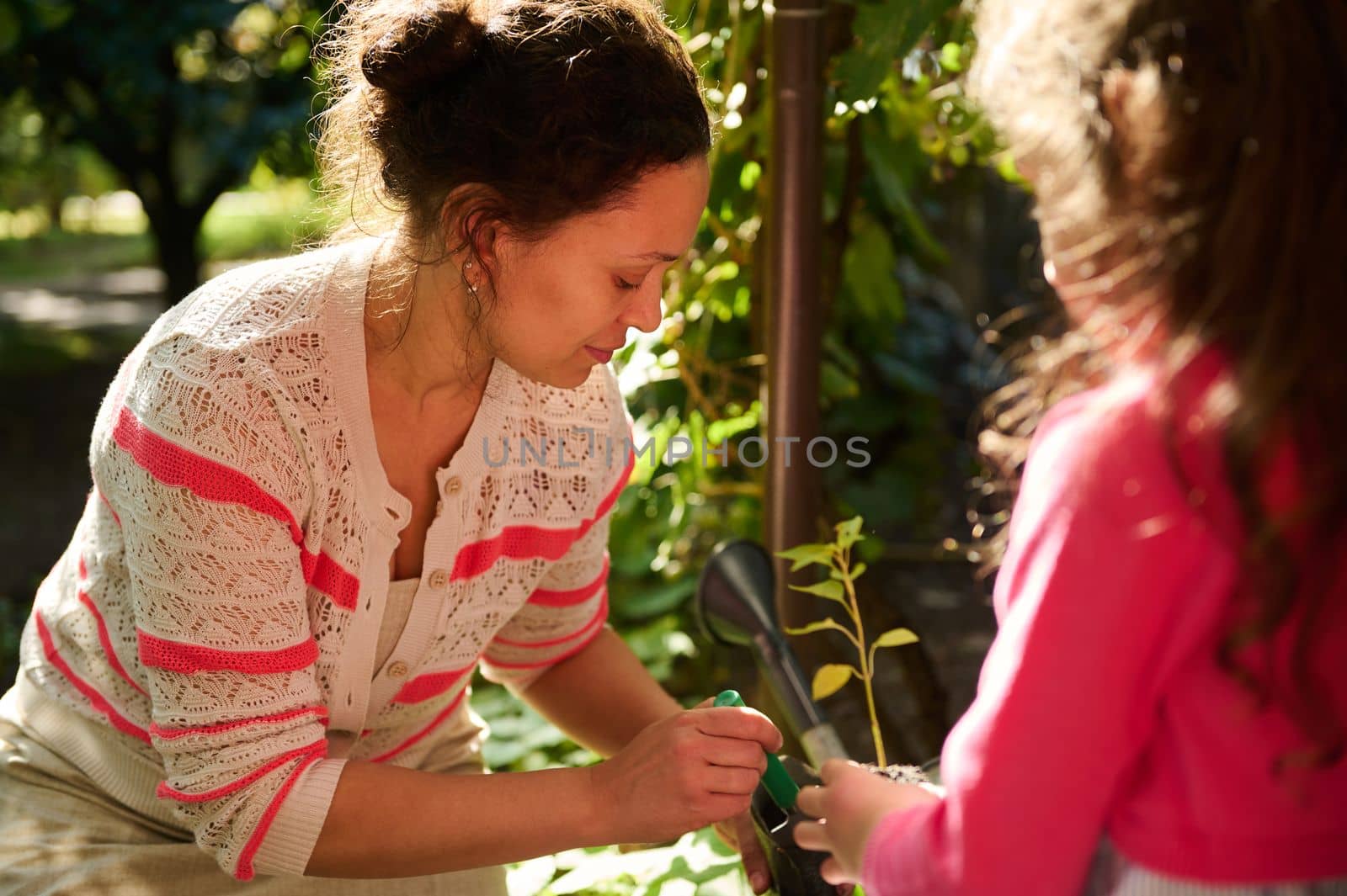 Female agronomist gardener and her little daughter, filling a pot with seedling of peppers with fertile soil, for the first time transplanting plants in vegetable garden on early spring sunny day.