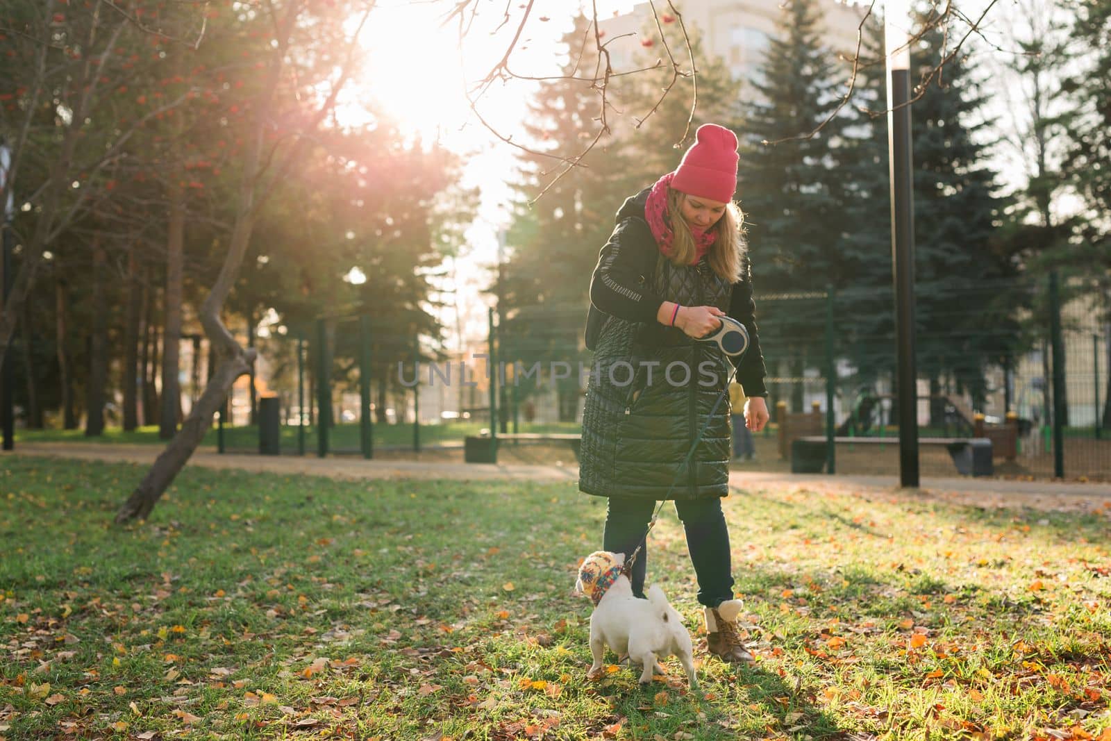 Portrait woman pet owner walking dog jack russell terrier in funny clothes on street outdoors. Pet care concept by Satura86