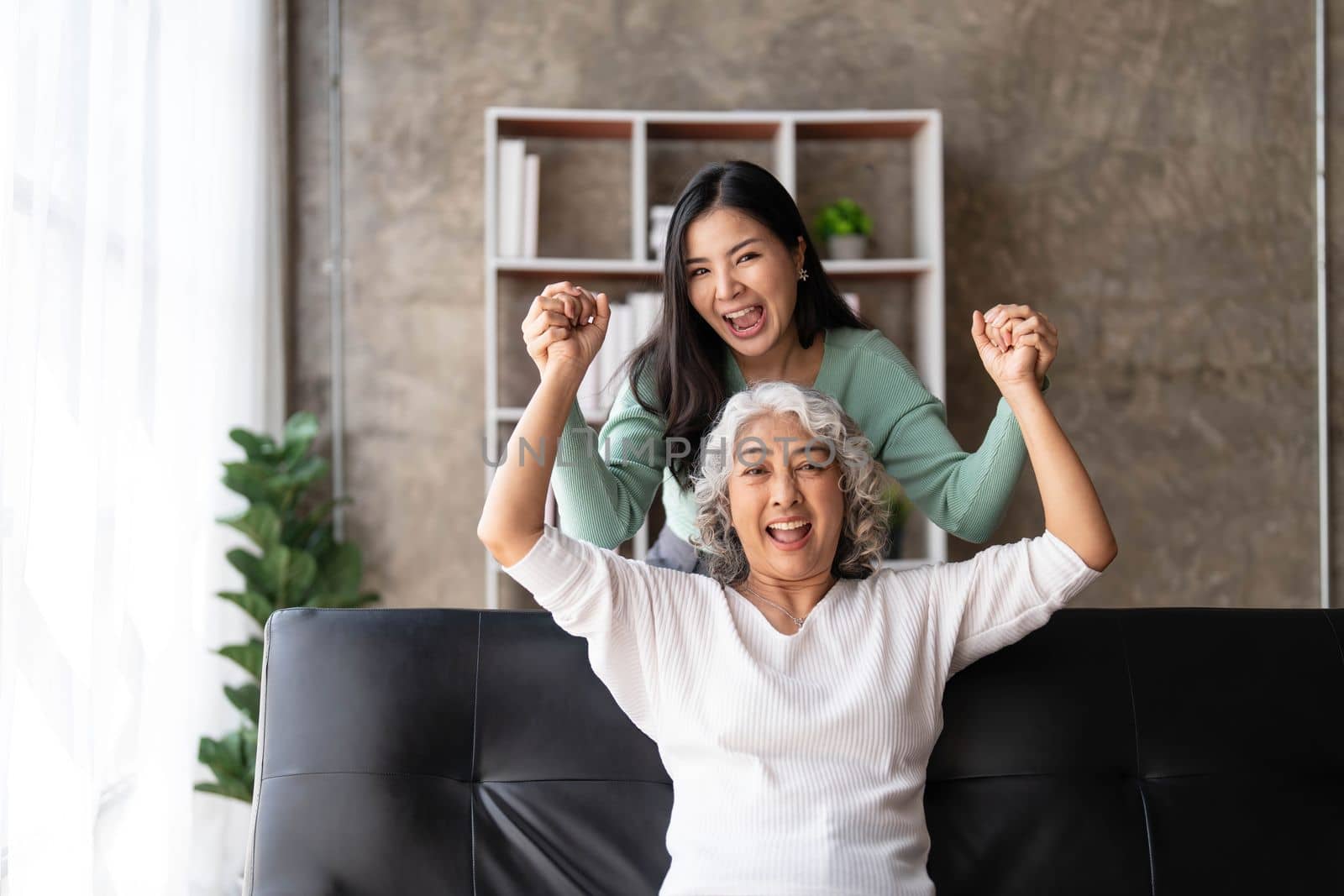 Loving adult daughter hugging older mother, standing behind couch at home, family enjoying tender moment together, young woman and mature mum or grandmother looking at each other, two generations..