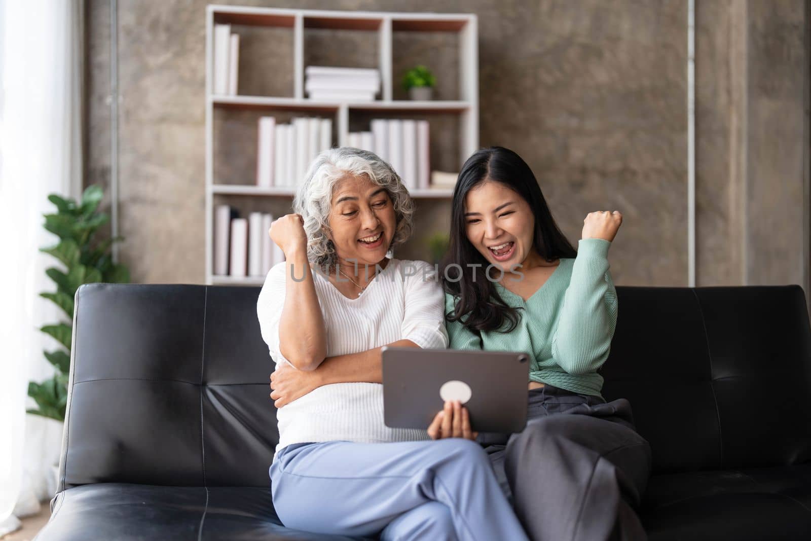 Mature mother grown up daughter sit on couch in living room hold on lap pc looking at screen watching movie film, using device make video call, shopping via e-commerce website, girl teach mom concept by wichayada