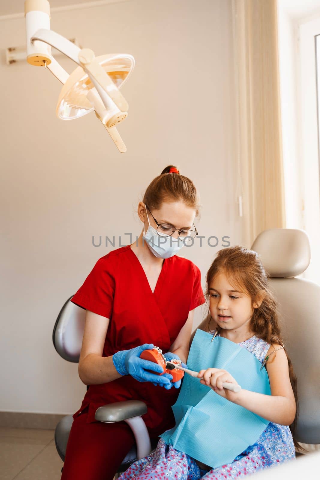 Dentist shows child how to properly use toothbrush for brush teeth. Jaw anatomical model teeth brushing. Pediatric dentist teaching oral hygiene lesson for kids in dentistry. by Rabizo