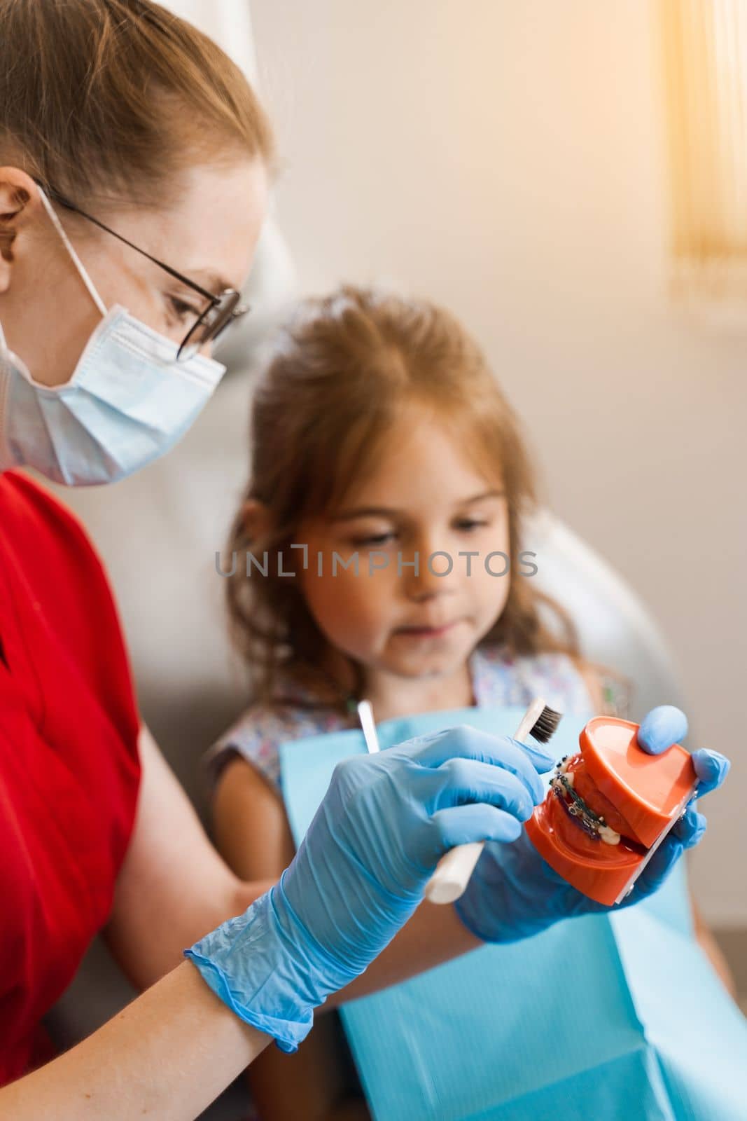 Oral hygiene lesson of jaw anatomical model for child in dentistry. Dentist shows child how to properly brush his teeth with a toothbrush. by Rabizo