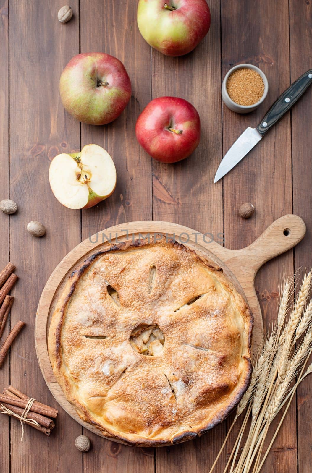Autumn food. Homemade apple pie with fresh red apples on wooden table