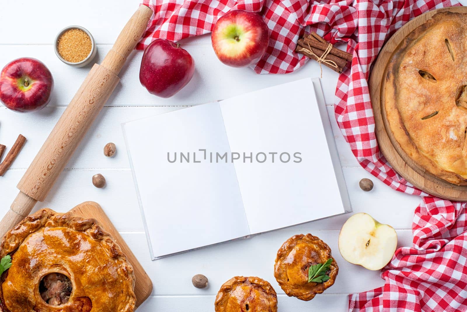 Blank Recipe Empty Cook Book Mockup with fruit and pies, mockup cooking book