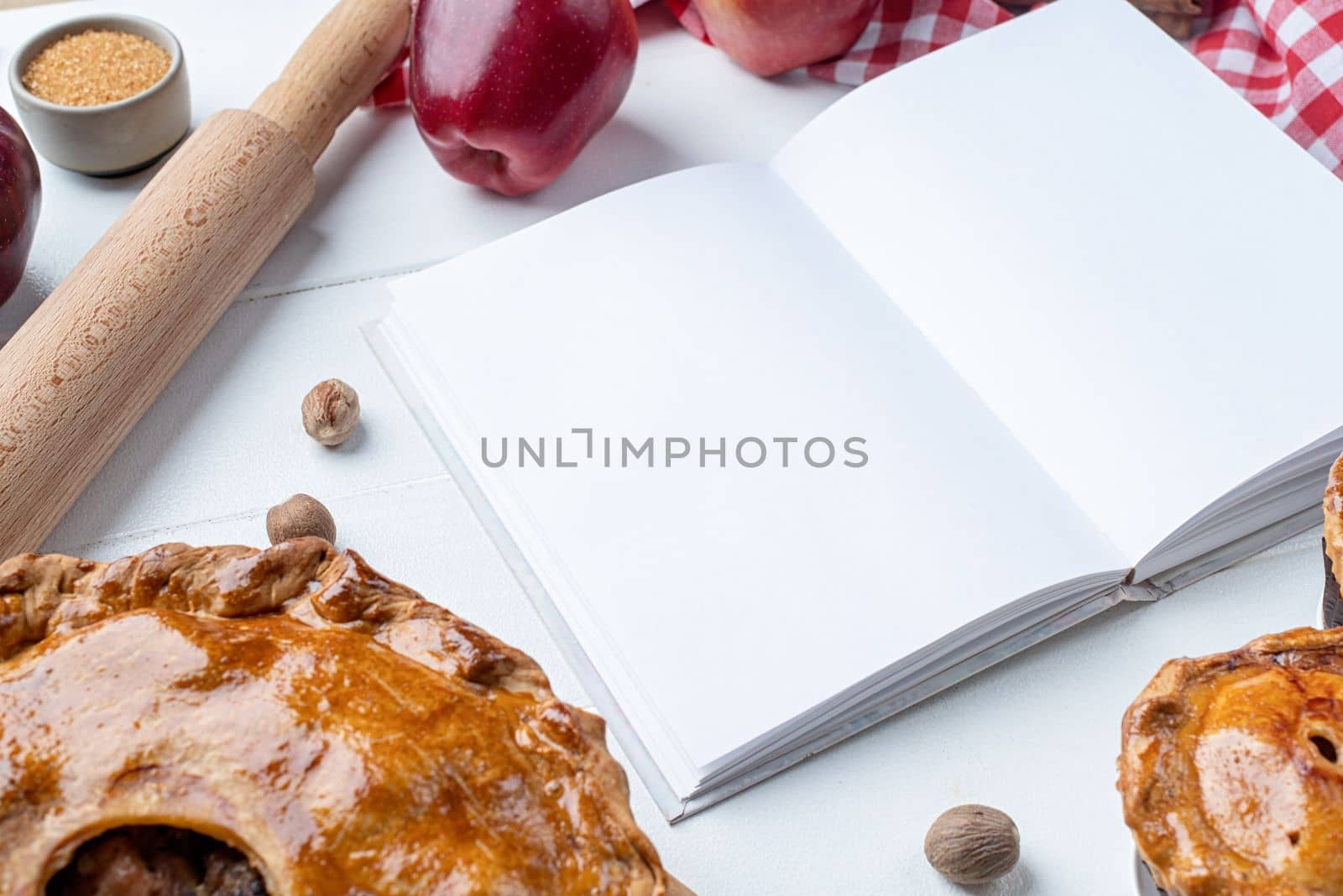 Blank Recipe Empty Cook Book Mockup with fruit and pies, mockup cooking book