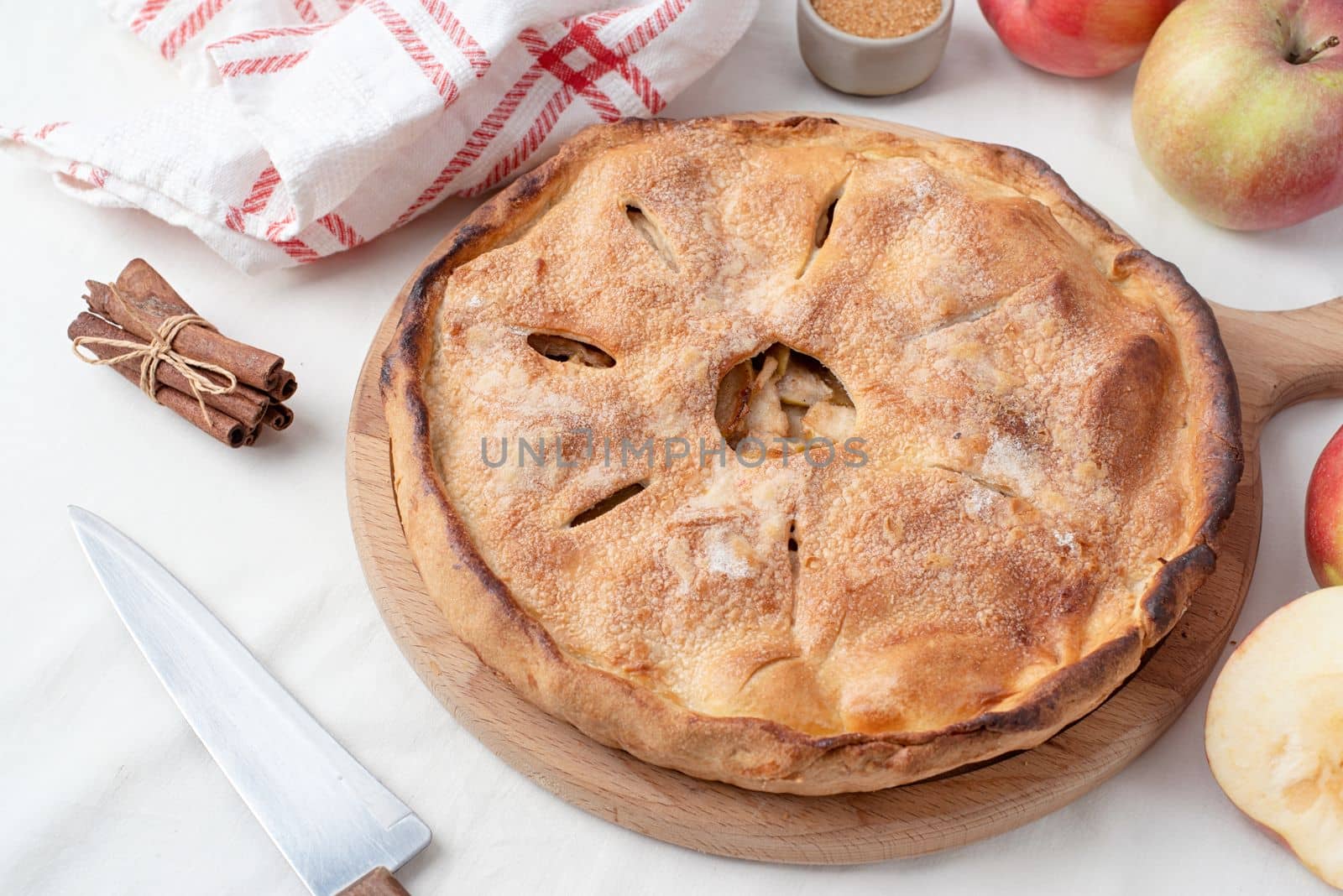 Autumn food. Homemade apple pie with fresh red apples on wooden table