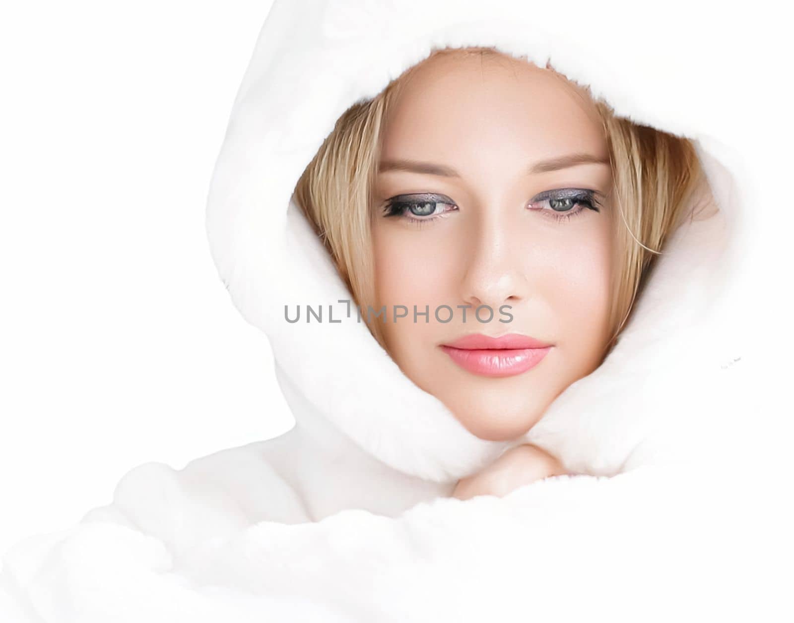 Beautiful woman in white fur coat, beauty and winter fashion.