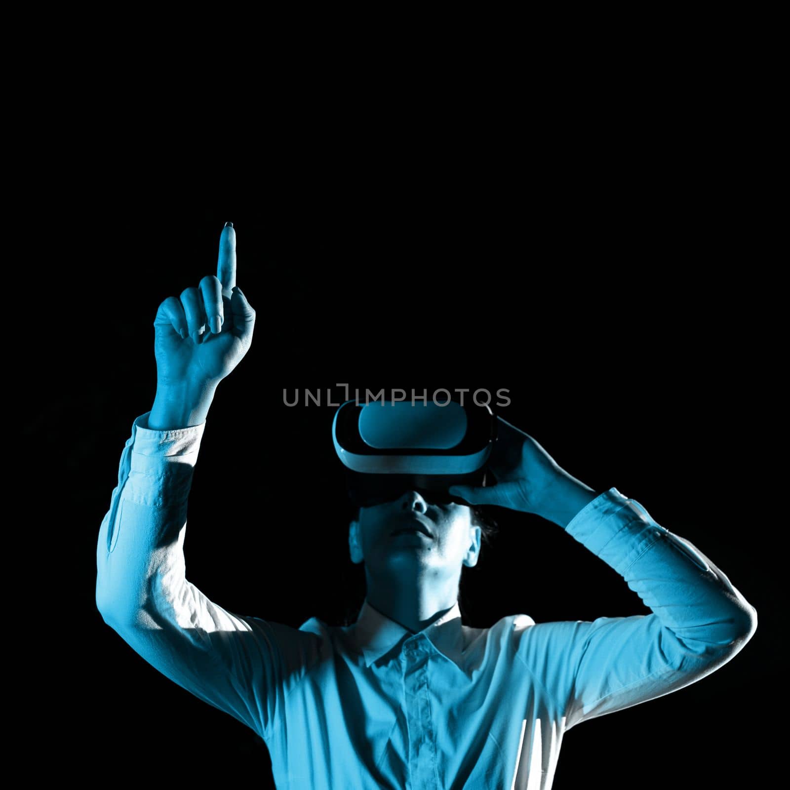 Woman Wearing Vr Glasses And Pointing On Messages With One Finger.