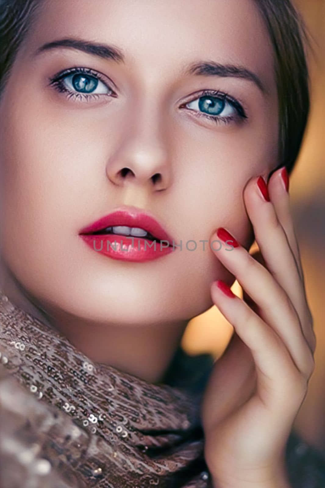 Beauty, makeup and glamour, face portrait of beautiful woman with manicure and red lipstick make-up wearing gold for luxury cosmetics, style and fashion by Anneleven