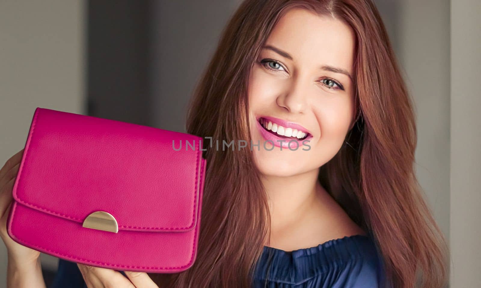 Fashion and accessories, happy beautiful woman holding small pink handbag with golden details as stylish accessory and luxury shopping by Anneleven