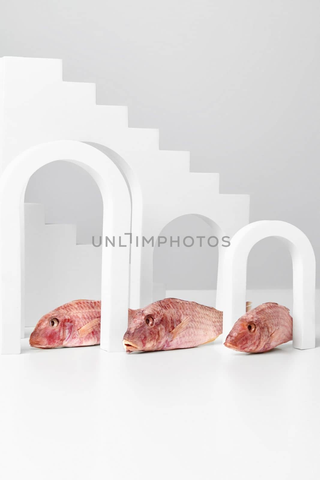 Air-dried red mullets lying between arches on light gray background. Creative showcase with geometric shapes for presentation of popular fish snack