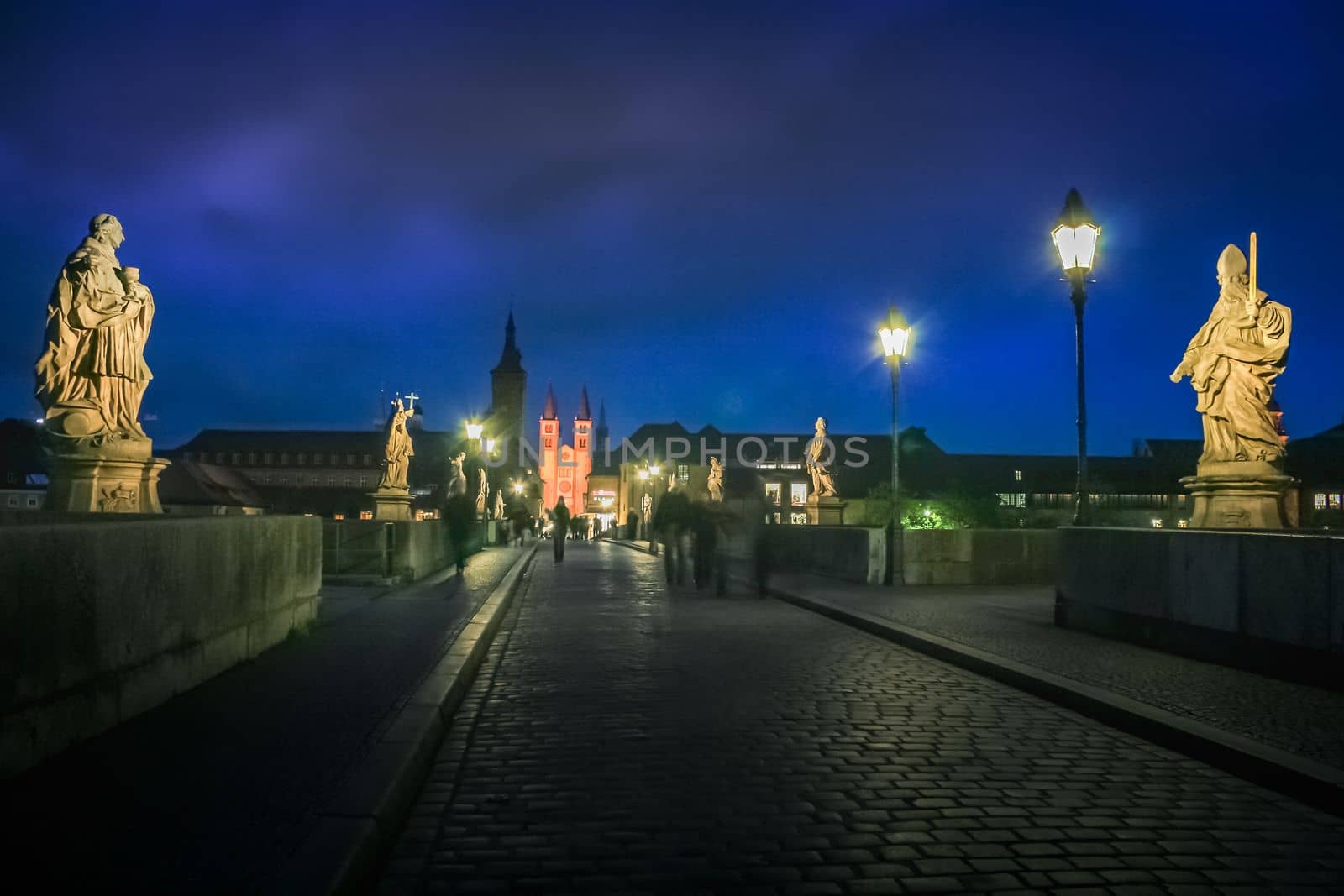 Wurzburg alte bridge at illuminated night, Franconia, Northern Bavaria, Germany