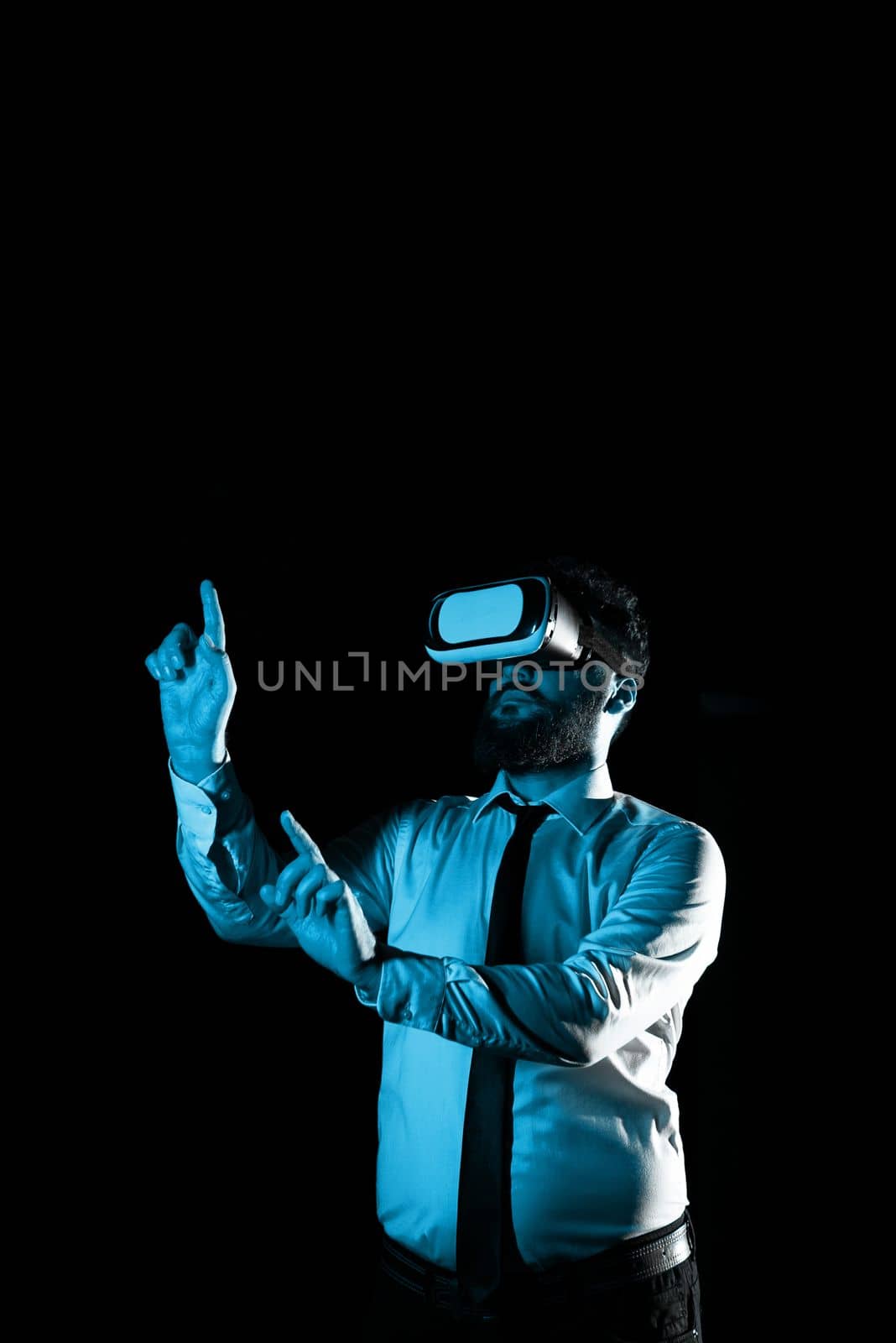 Man Wearing Vr Glasses And Pointing On Messages With one Finger and Pen.