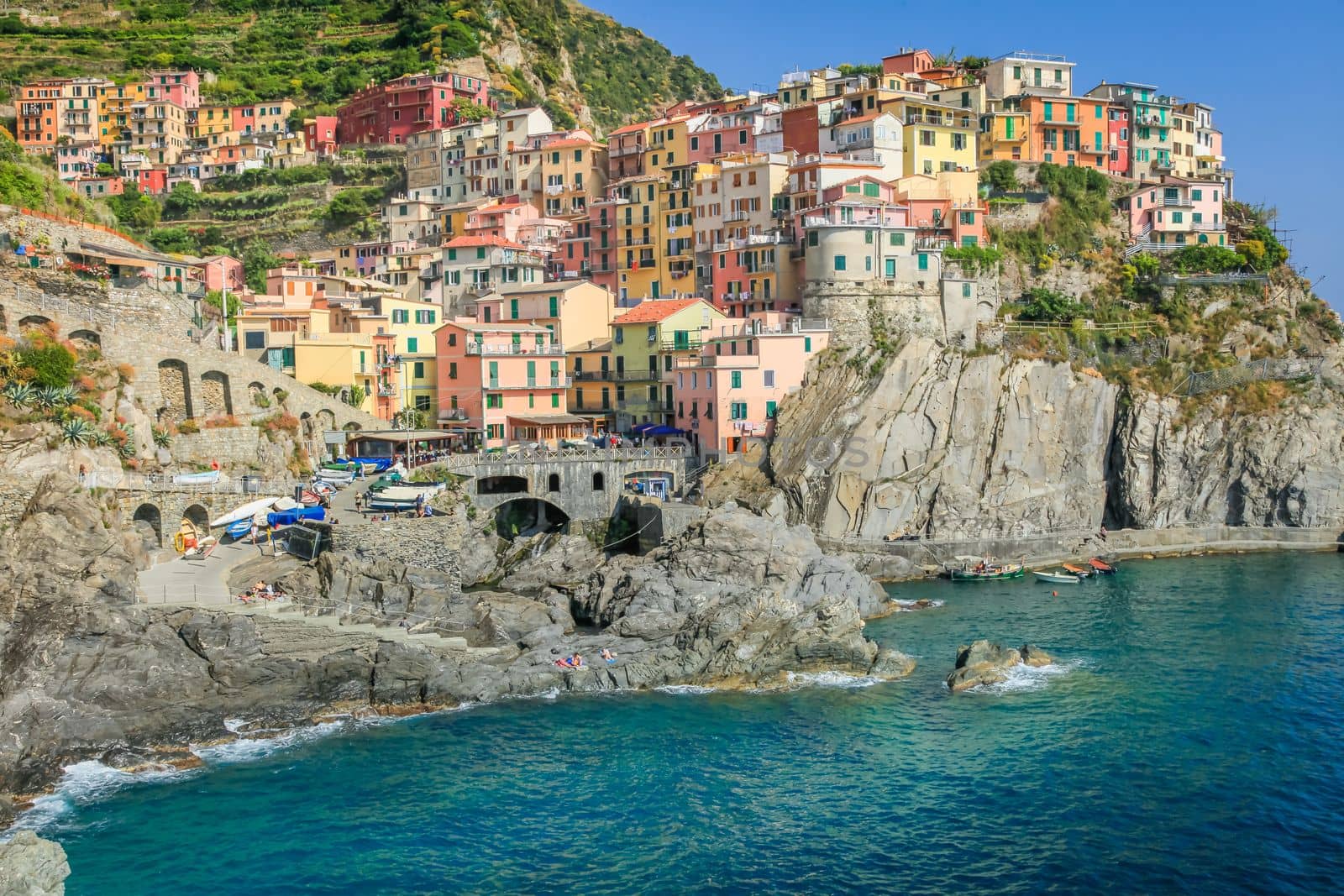 Manarola village coastline , Cinque terre National Park in summer. Liguria. Italy