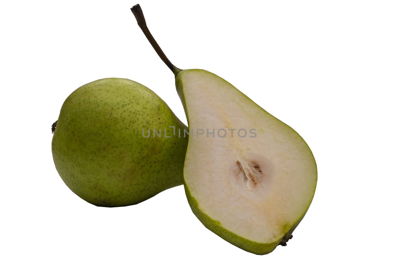 Fresh pears ,whole green fruit isolated on white background. Full depth of field.