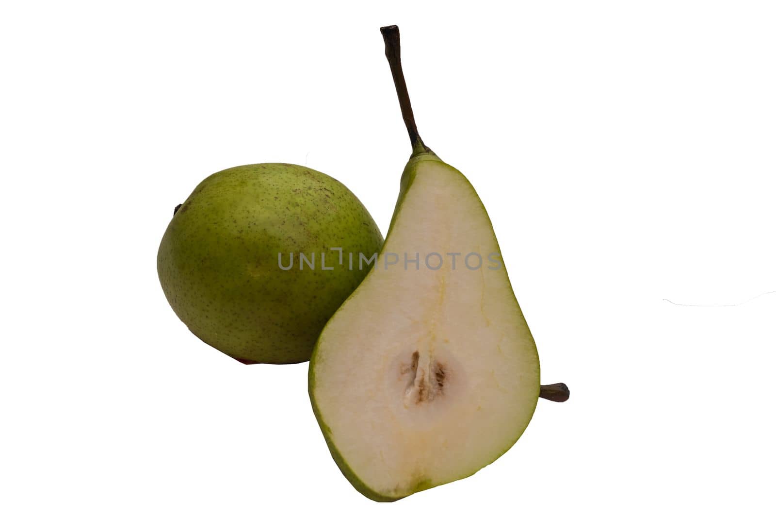 Fresh pears ,whole green fruit isolated on white background. Full depth of field.