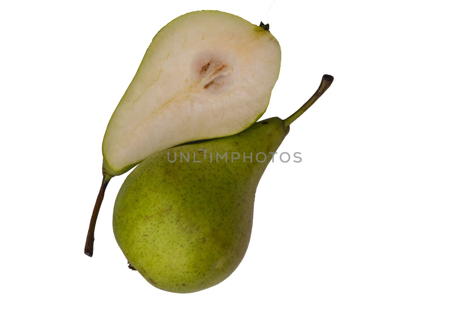 Fresh pears ,whole green fruit isolated on white background. Full depth of field.