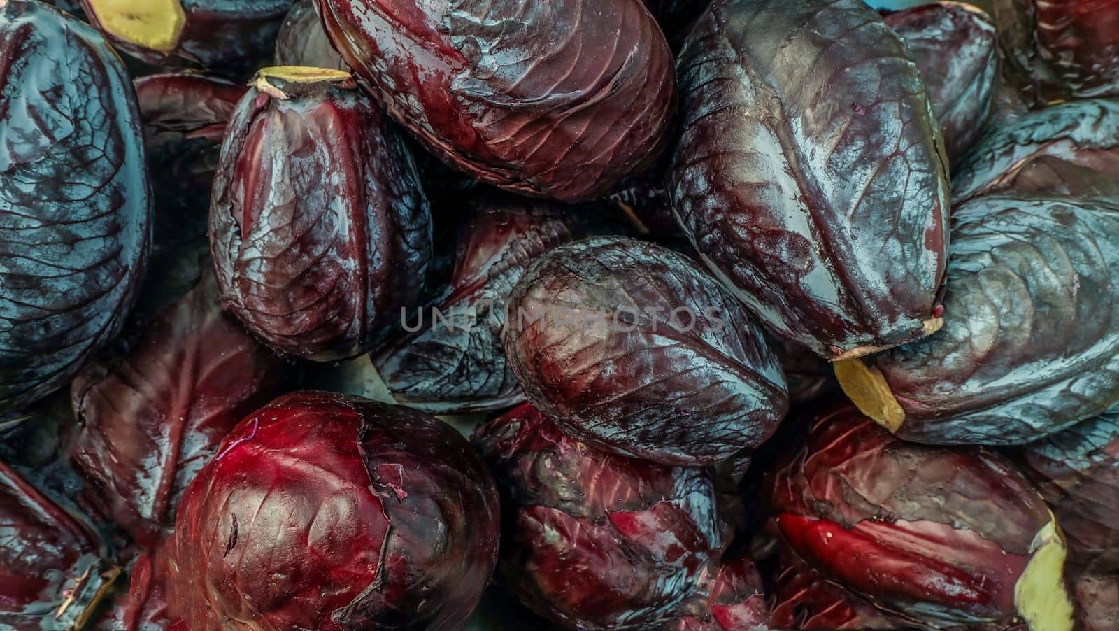 Close-up shots of red cabbage sold in the market Suitable for making background images.