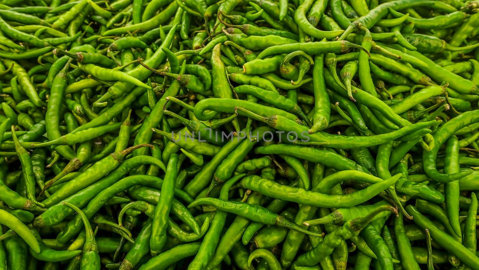 Pile of Green chilli peppers in Indian market.