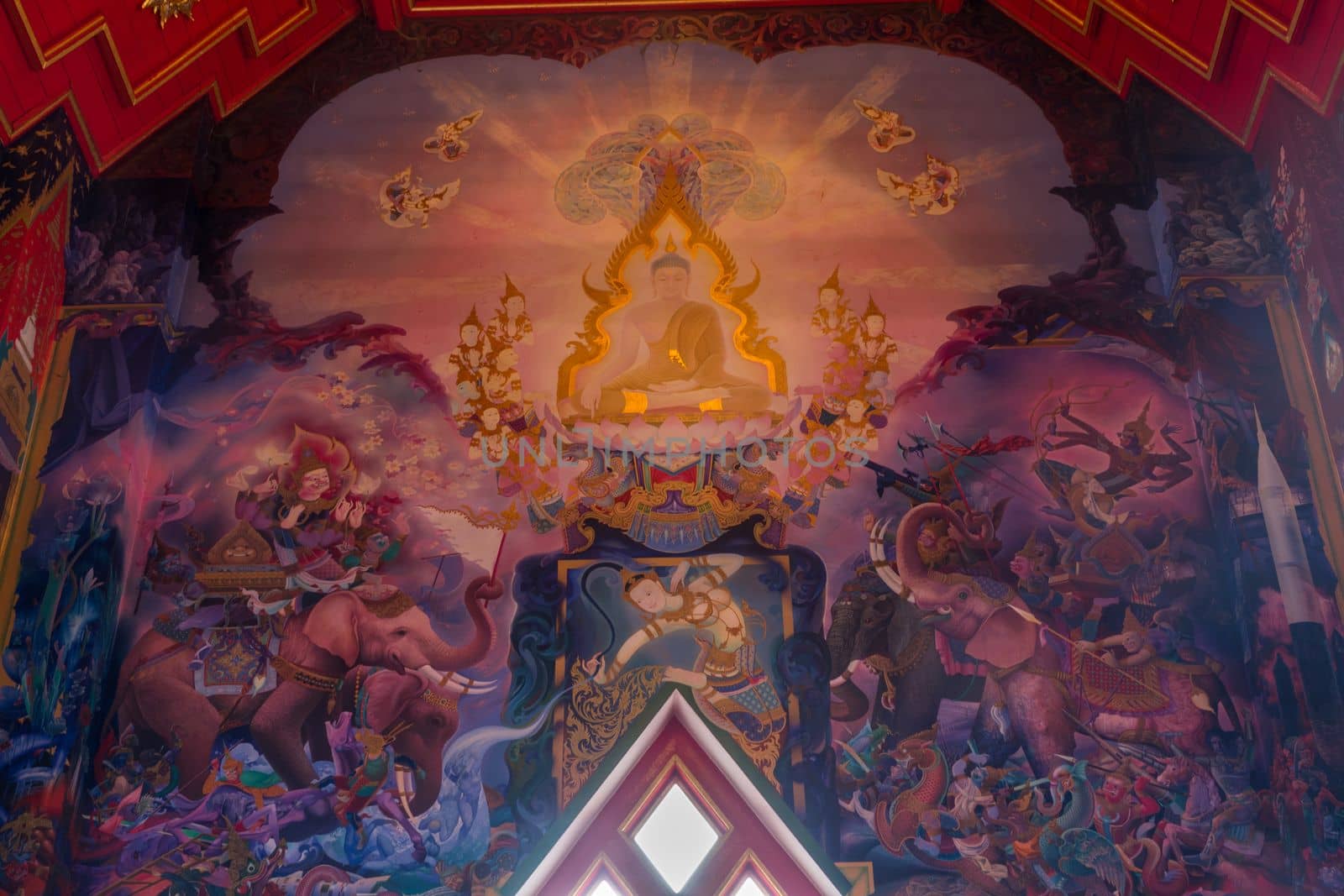 LONDON UK - May 10, 2019 - Within the temple of the Buddhapadipa Temple, Thai art mural (wall paintiing) around inside of main church of Wat, the story of Buddhism.  Wimbledon, England.