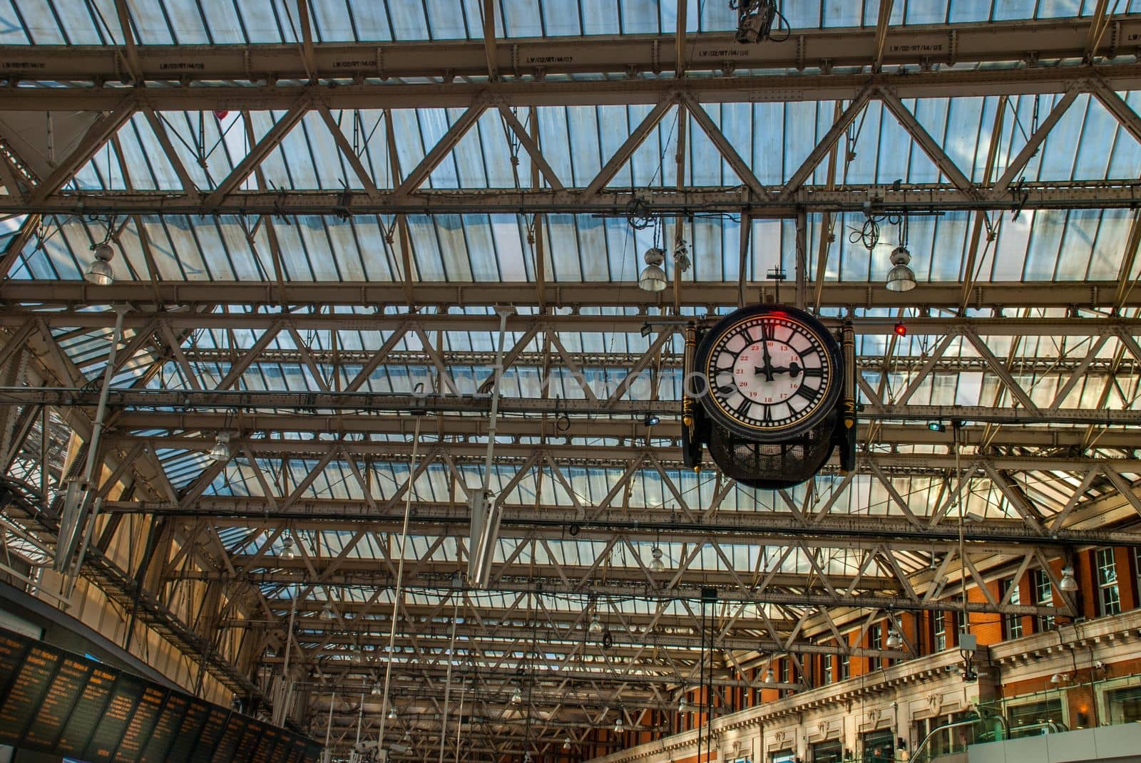 London, UK - Feb 25, 2019 : The Clock hanging up of the Waterloo international train station in London
