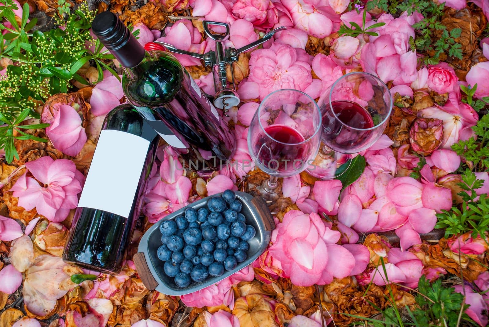 bottles, wine glasses with blueberry in rose garden.