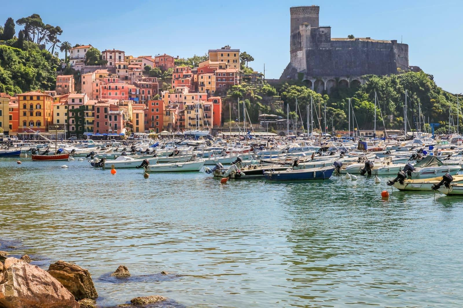 Marina of Lerici with the colorful houses and castle in background,Liguria, Italy