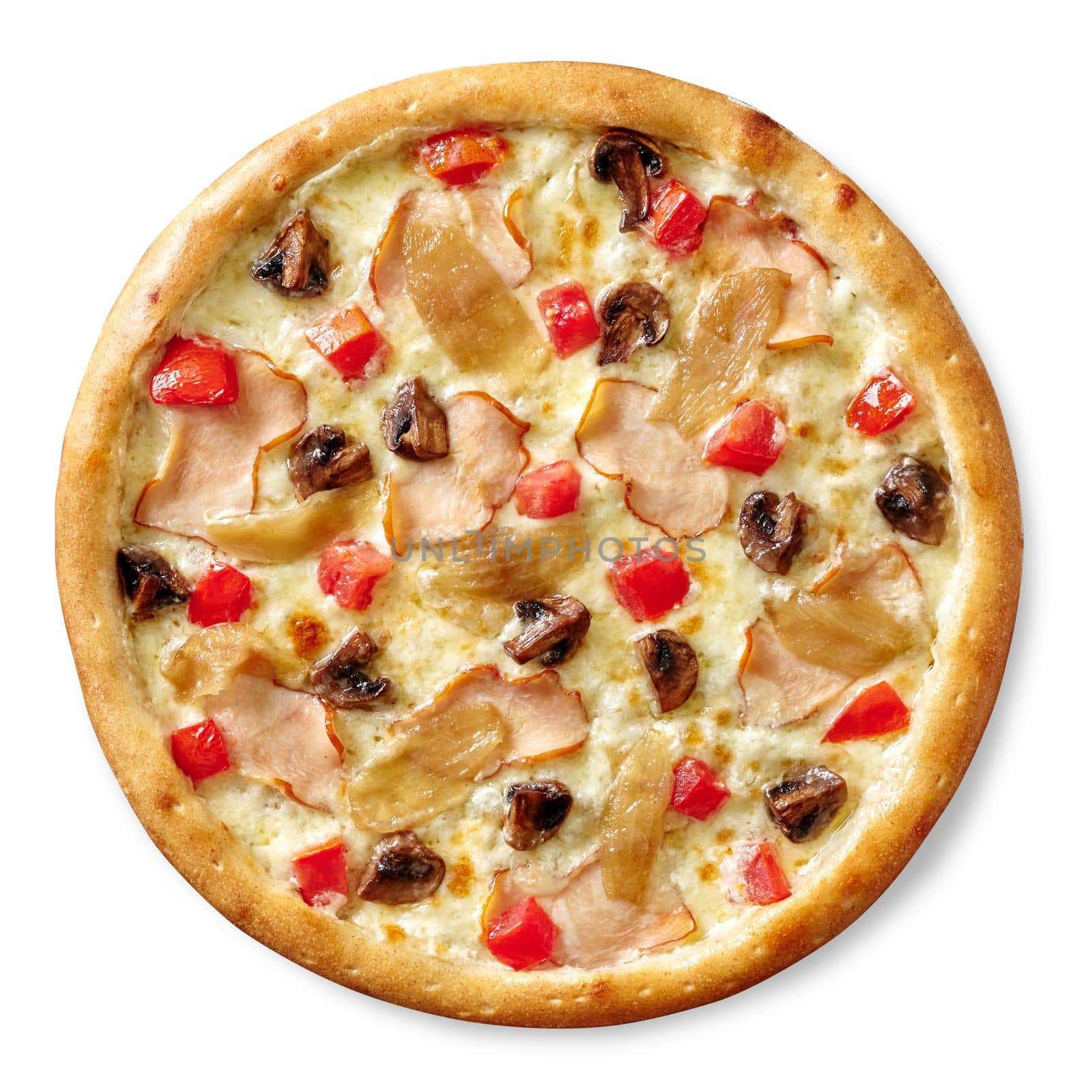 Delicious whole pizza with slices of smoked chicken fillet, fried mushrooms, caramelized onions and fresh ripe tomatoes on layer of melted cheese isolated on white background