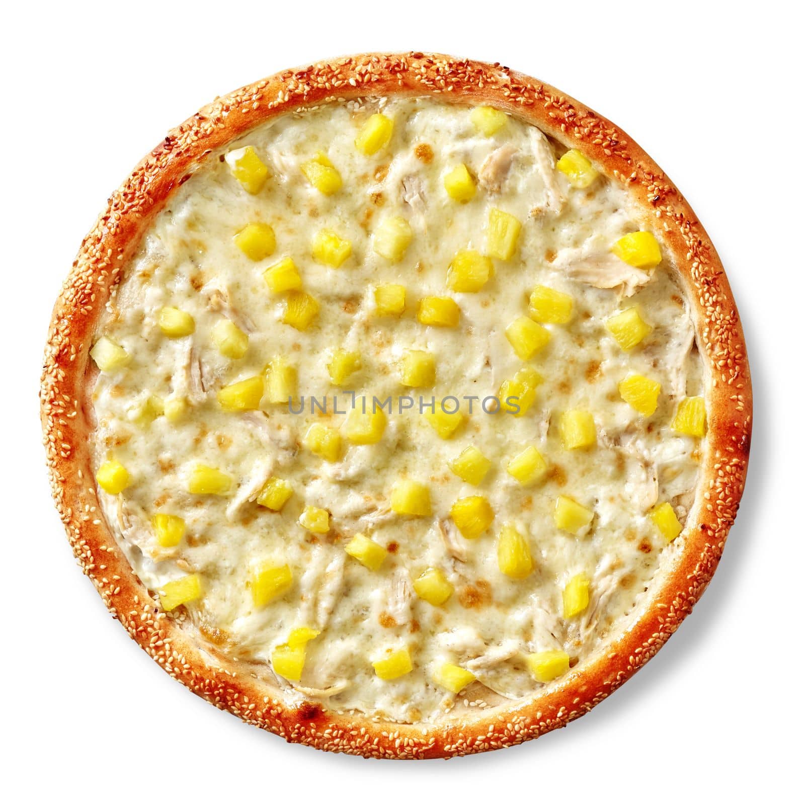 Light Hawaiian pizza with browned edge sprinkled with sesame seeds, chicken fillet, pineapple slices, cheese sauce and melted mozzarella isolated on white background, top view