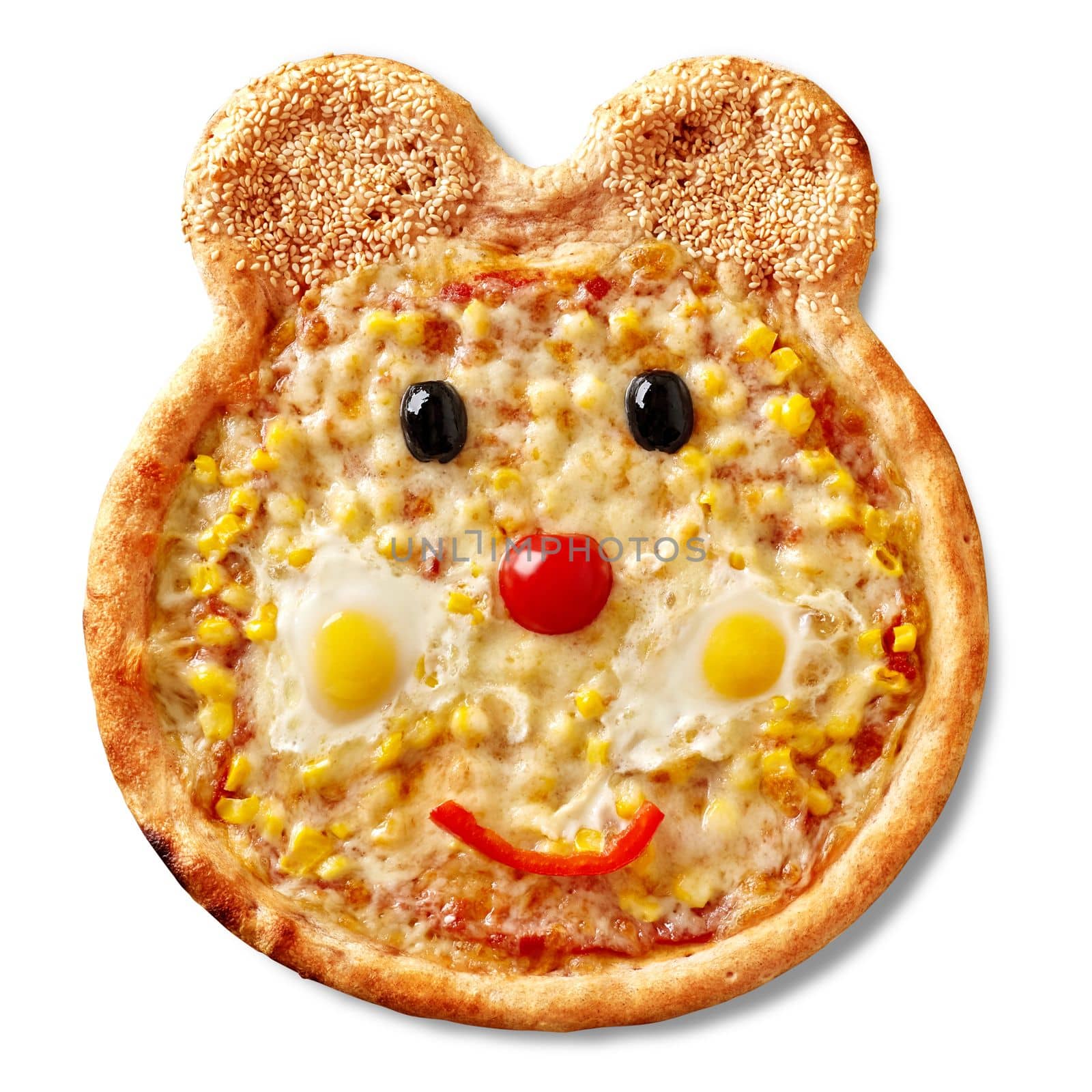 Funny bear-shaped pizza with pelati sauce, mozzarella, corn, cherry tomato, bell pepper, olives, quail eggs and sesame by nazarovsergey