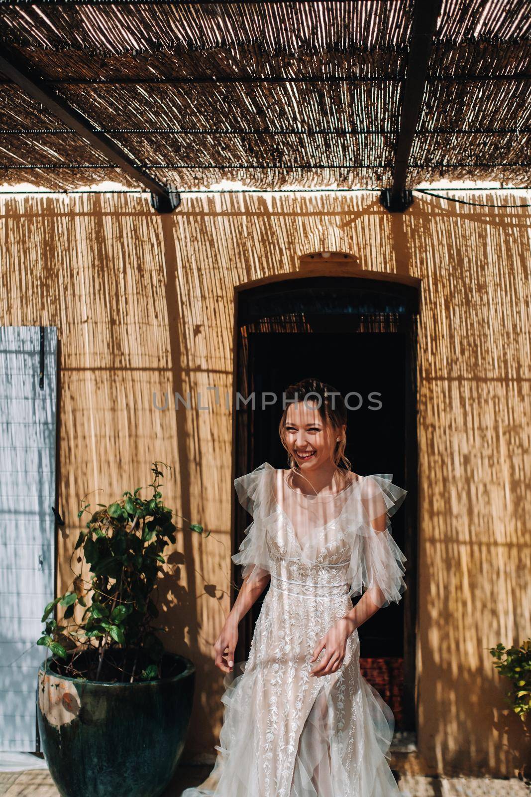 a beautiful bride with pleasant features in a wedding dress is photographed in Provence. Portrait of the bride in France by Lobachad