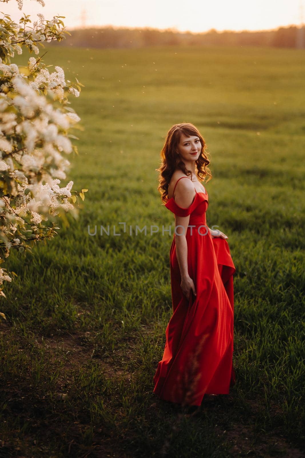a girl in a red dress with red lips stands next to a large white flowering tree At sunset.