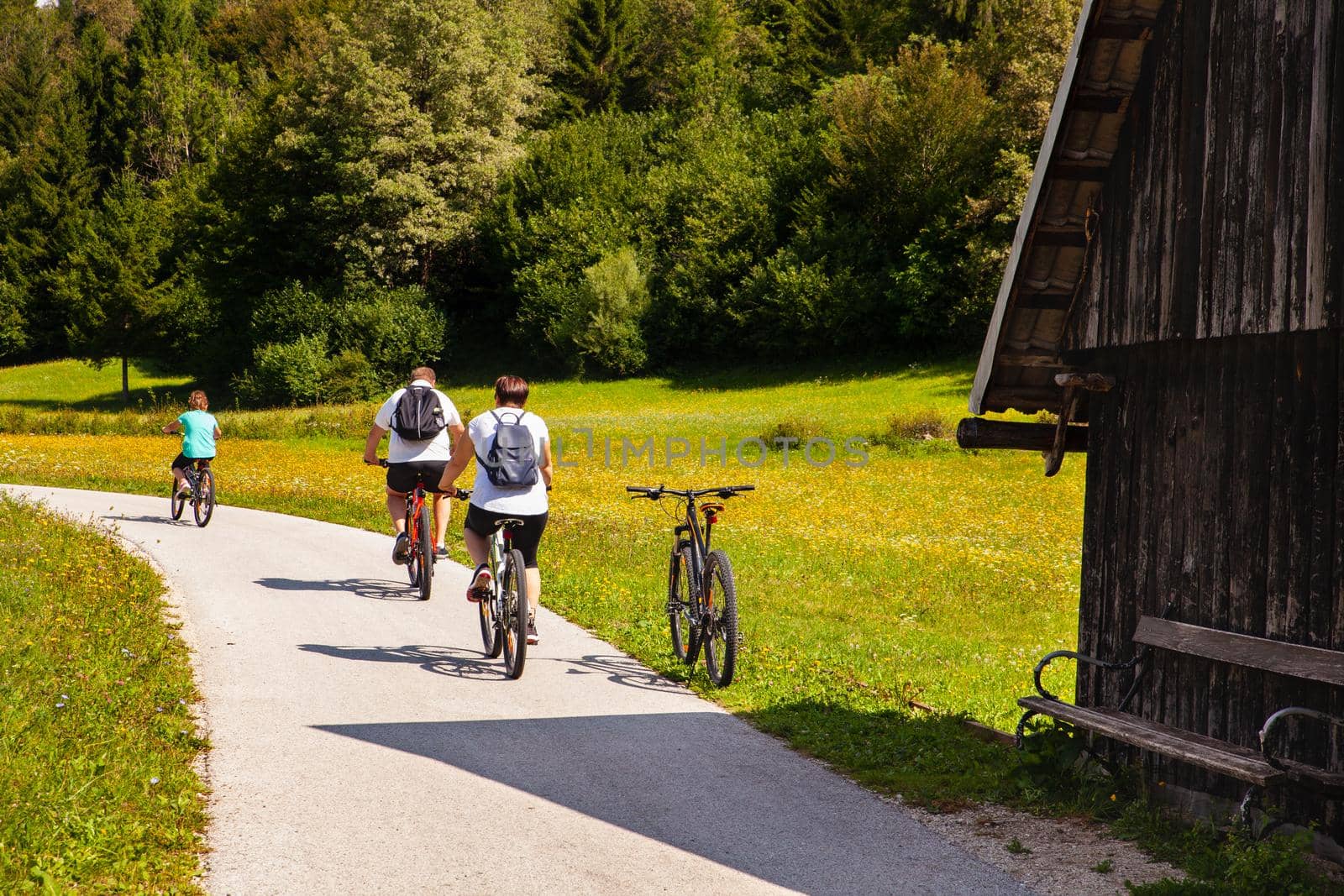 Family on cycle ride in countryside track in Bohinj, Slovenia