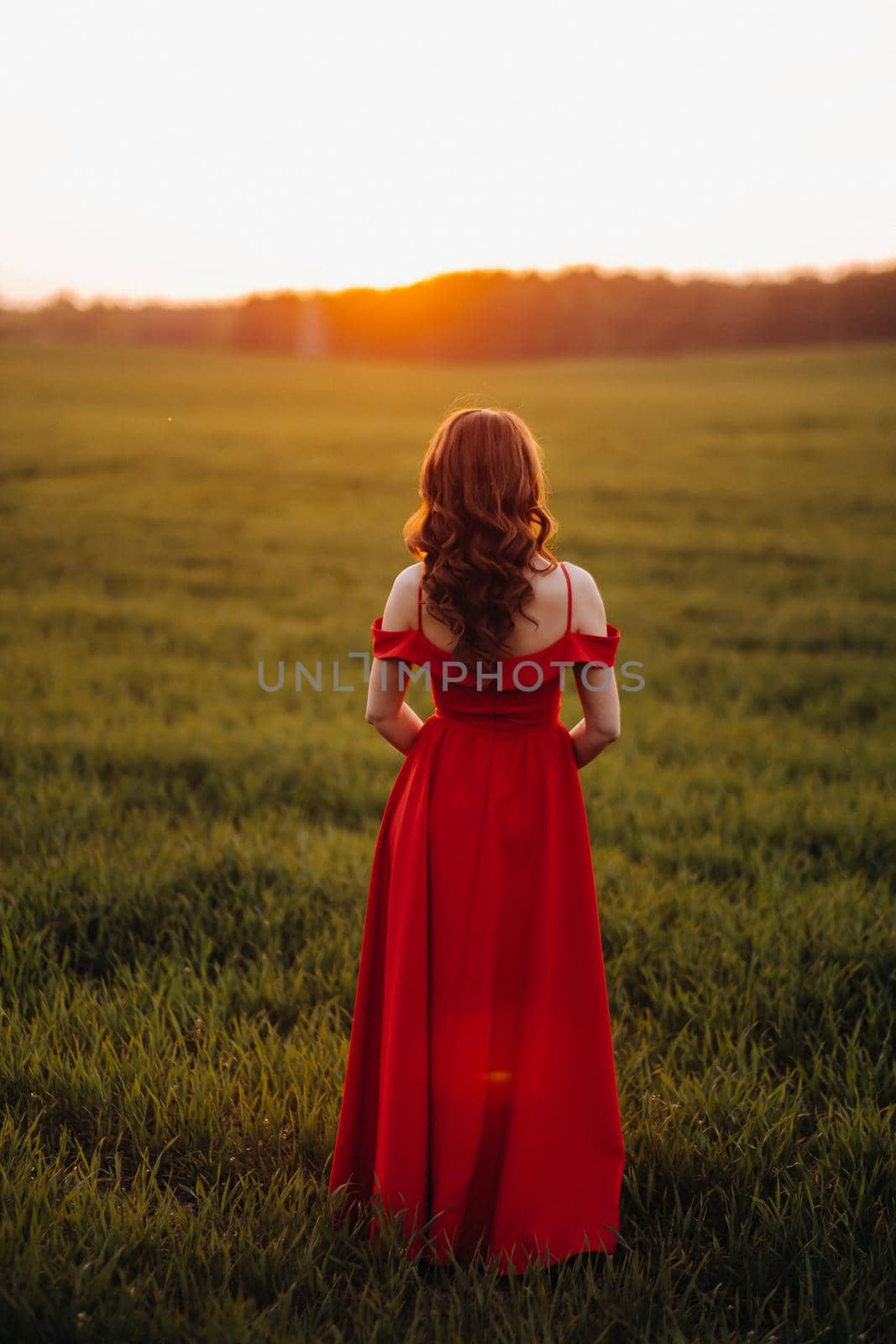 a beautiful girl in spring in a red dress is walking in a field at sunset. Taken from the air by a quadrocopter by Lobachad