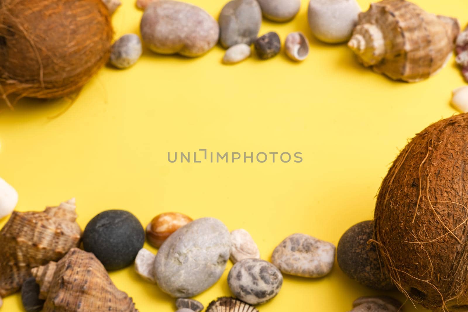 Coconuts, rocks and shells on a yellow background .Marine theme.