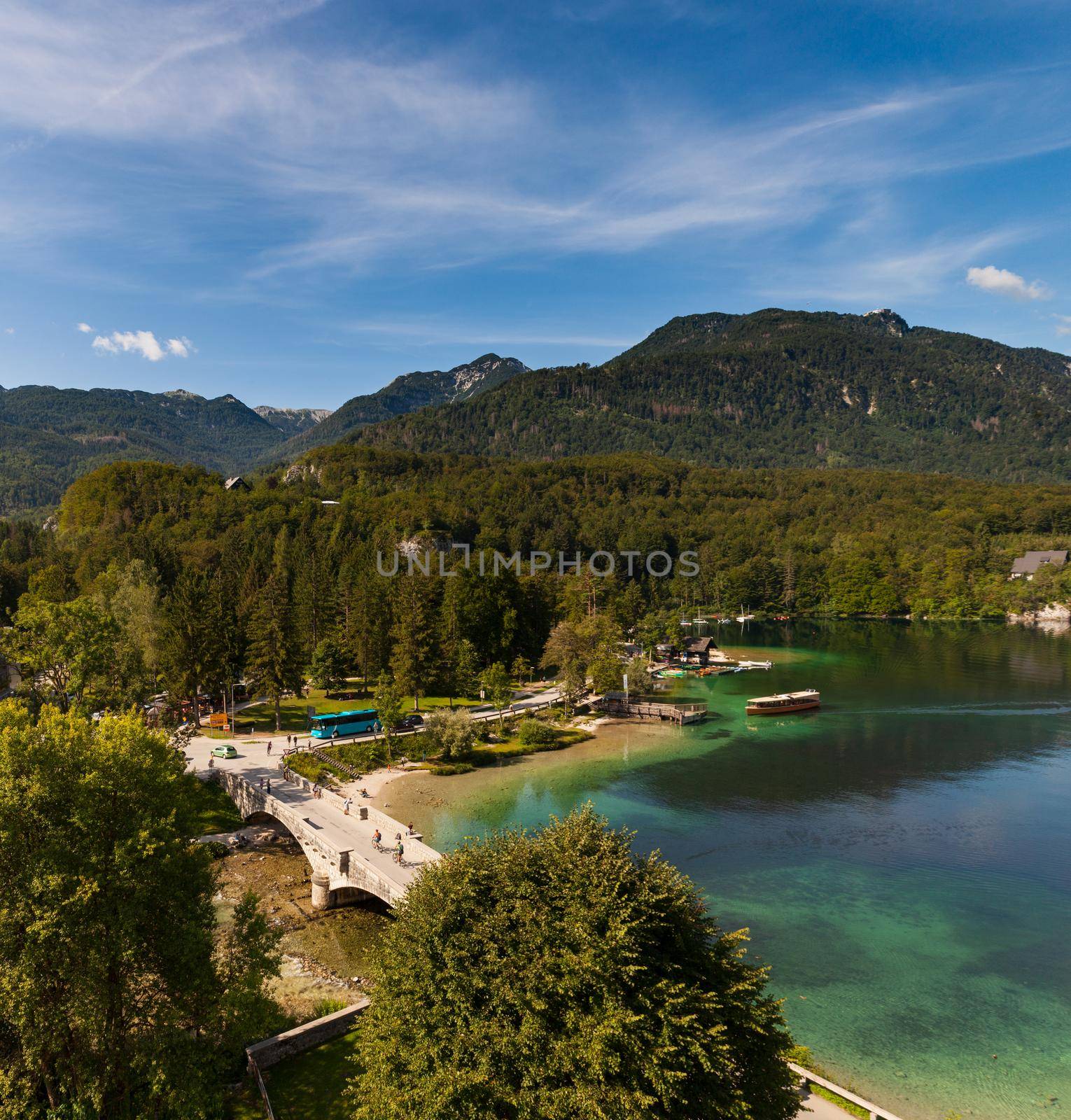 Top view of bridge in the Bohinj lake by bepsimage