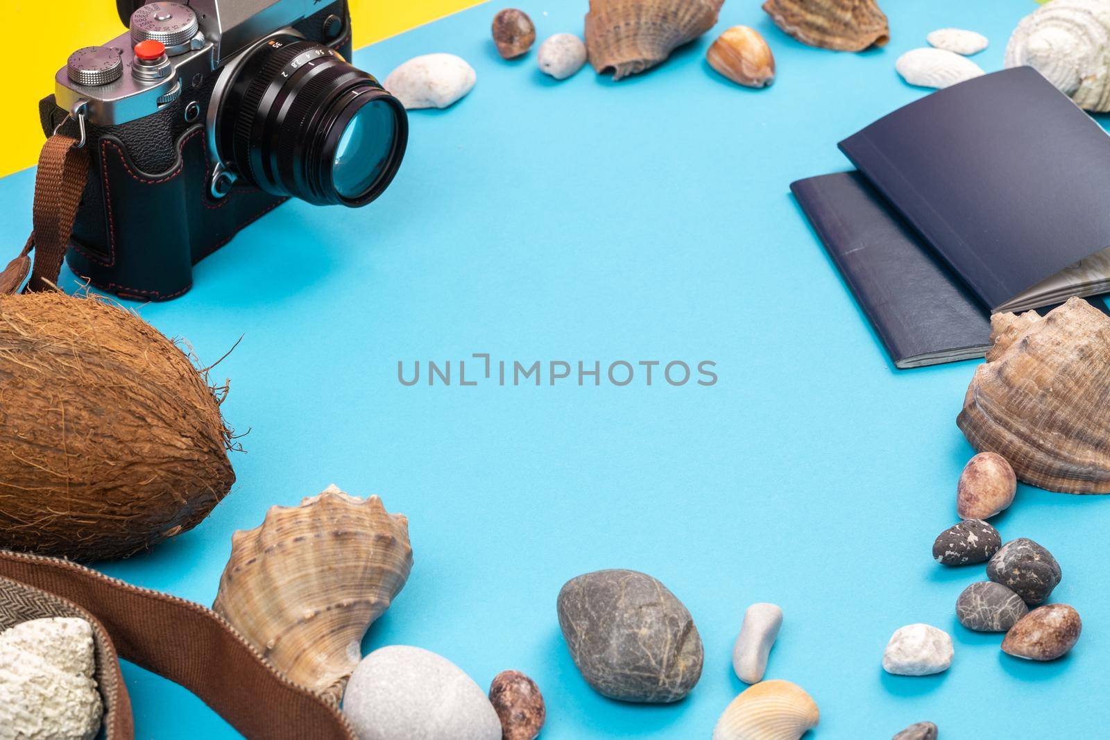 camera,coconuts, shells and documents on a blue background.Background for the traveler.