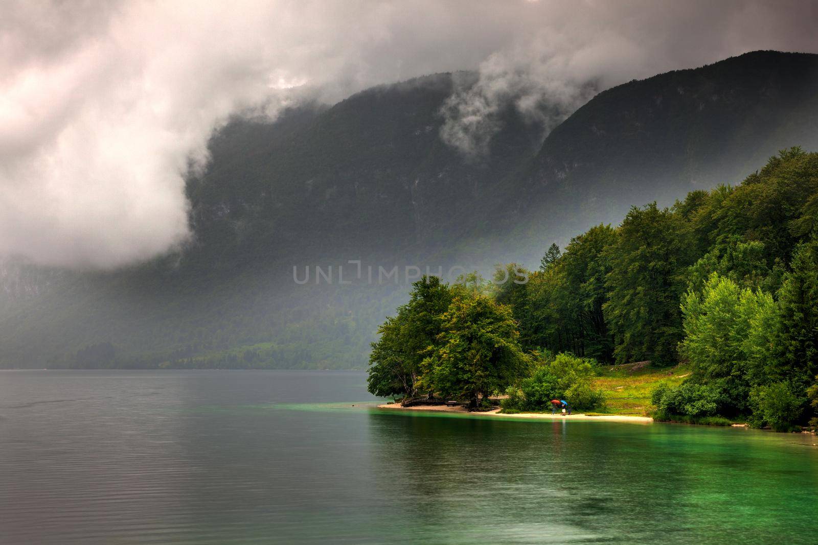 View of scenic Bohinj lake, the largest permanent lake in Slovenia, located within the Bohinj Valley of the Julian Alps