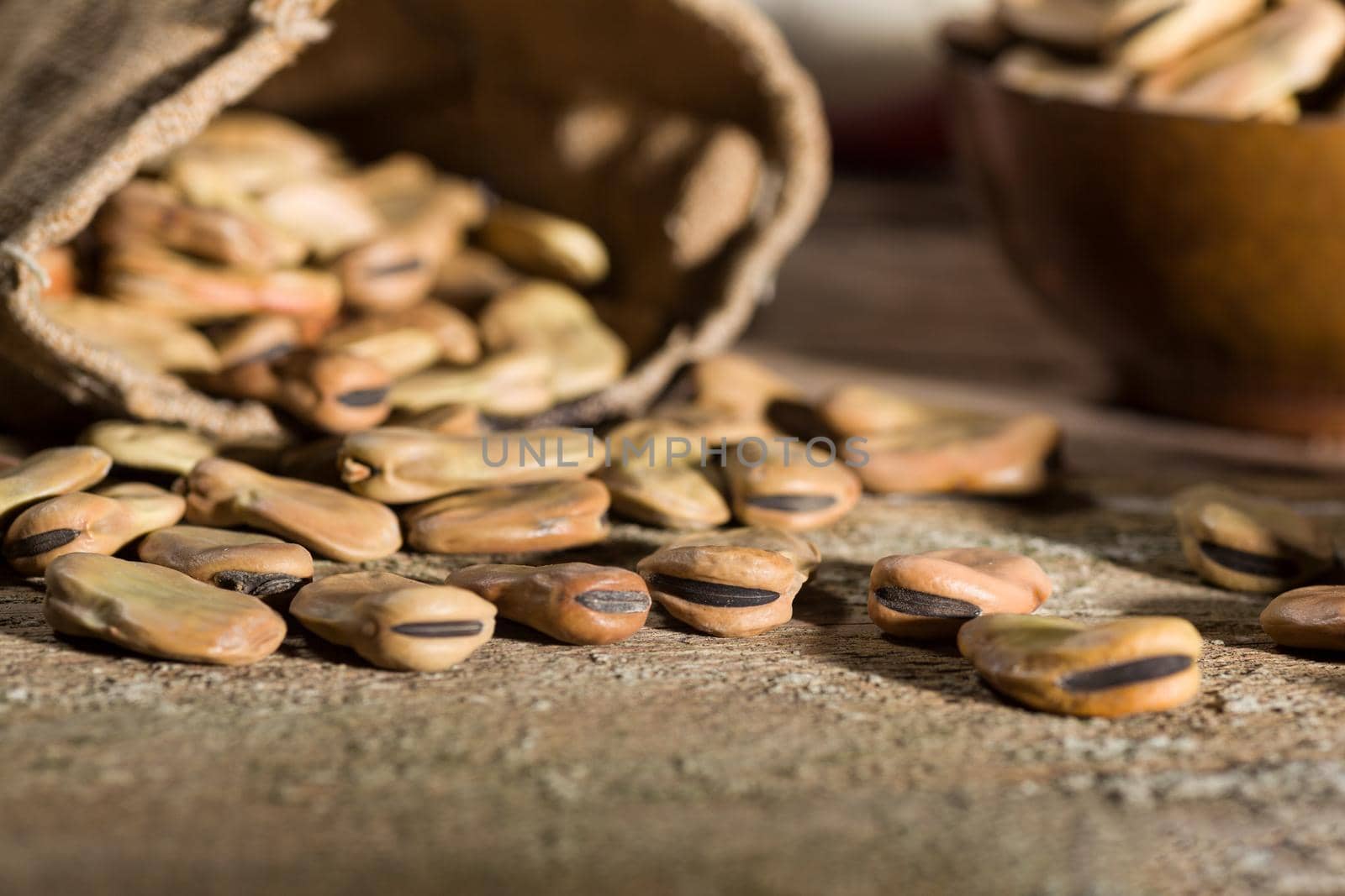 Close up of dried broad beans in a wooden table
