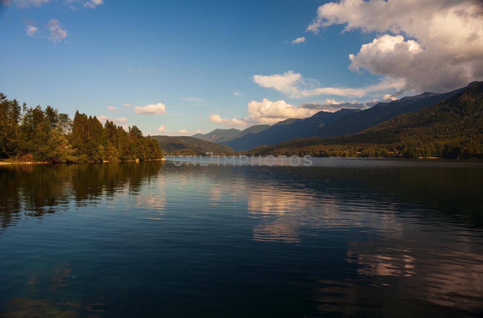View of scenic Bohinj lake, the largest permanent lake in Slovenia, located within the Bohinj Valley of the Julian Alps