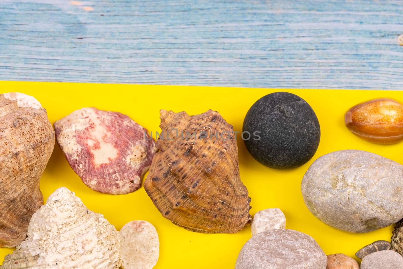 stones and shells on a blue wooden background and a yellow background.Marine theme.