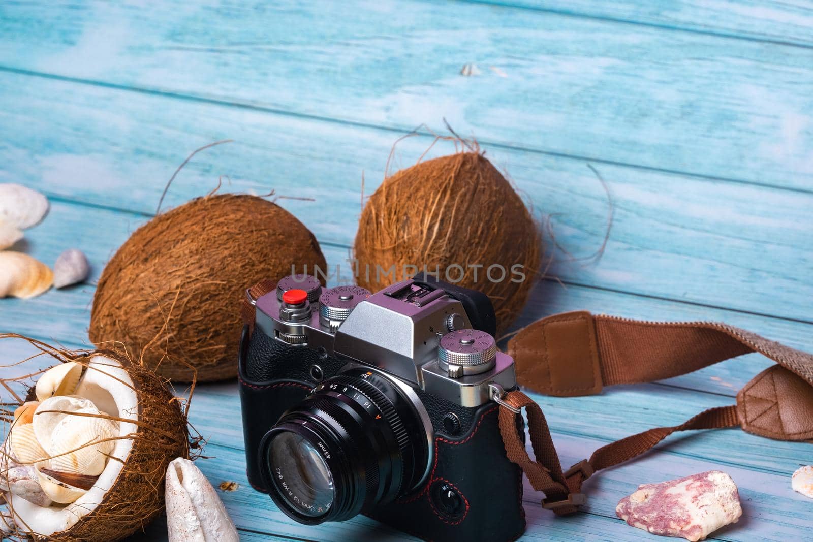 camera,coconuts and shells on a blue wooden background.Marine theme.