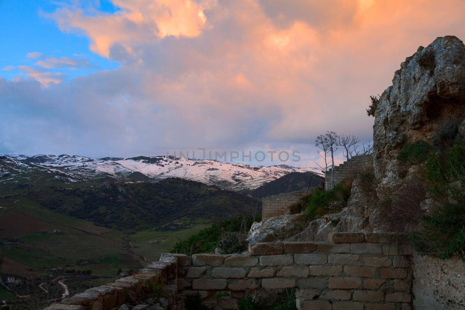 View of hills at sunset in the middle of Sicily