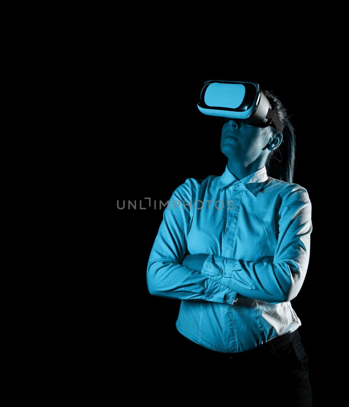 Woman Wearing Vr Glasses And Looking On Important Messages.