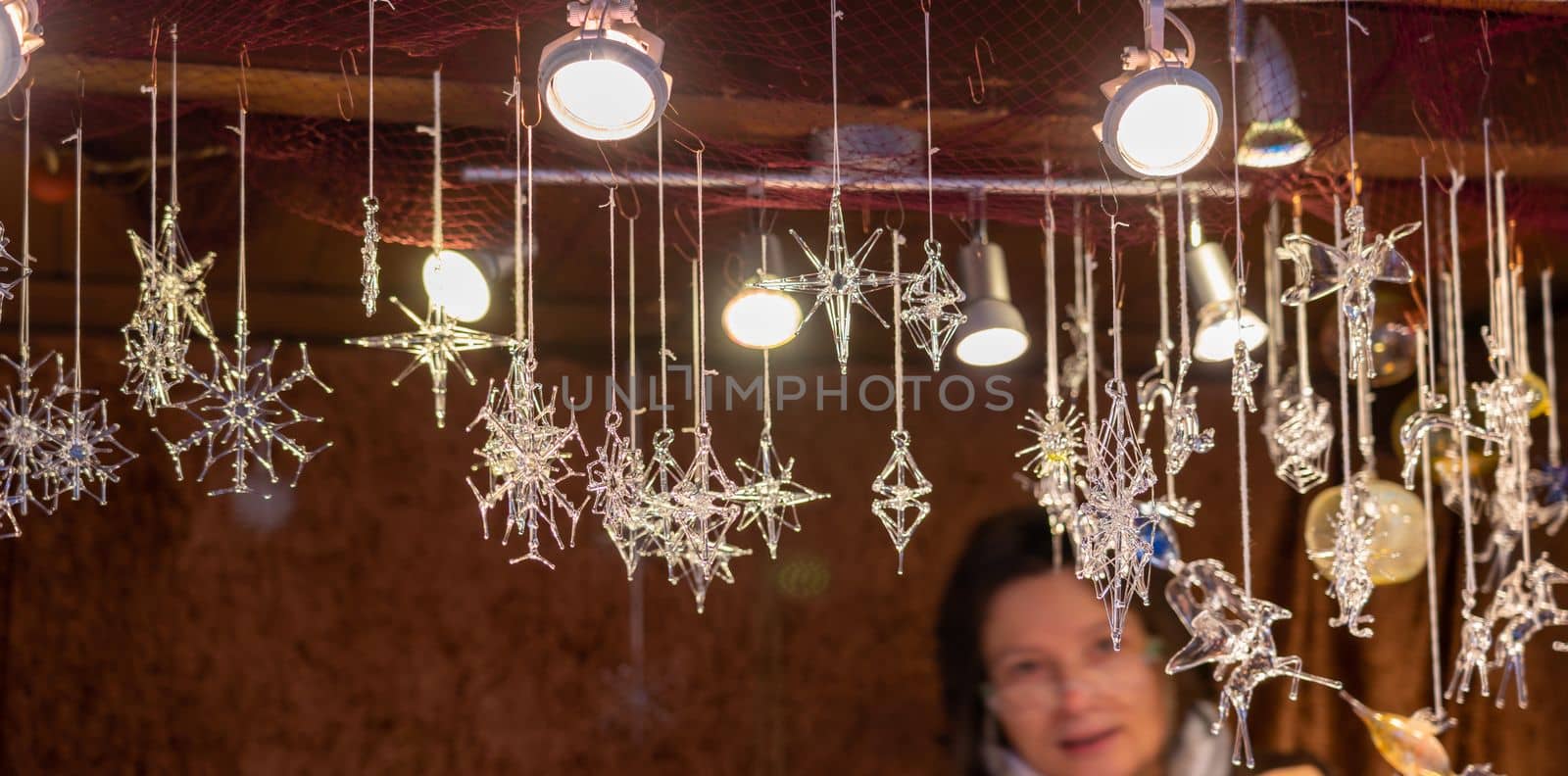 Christmas decorations in the form of glass snowflakes.
